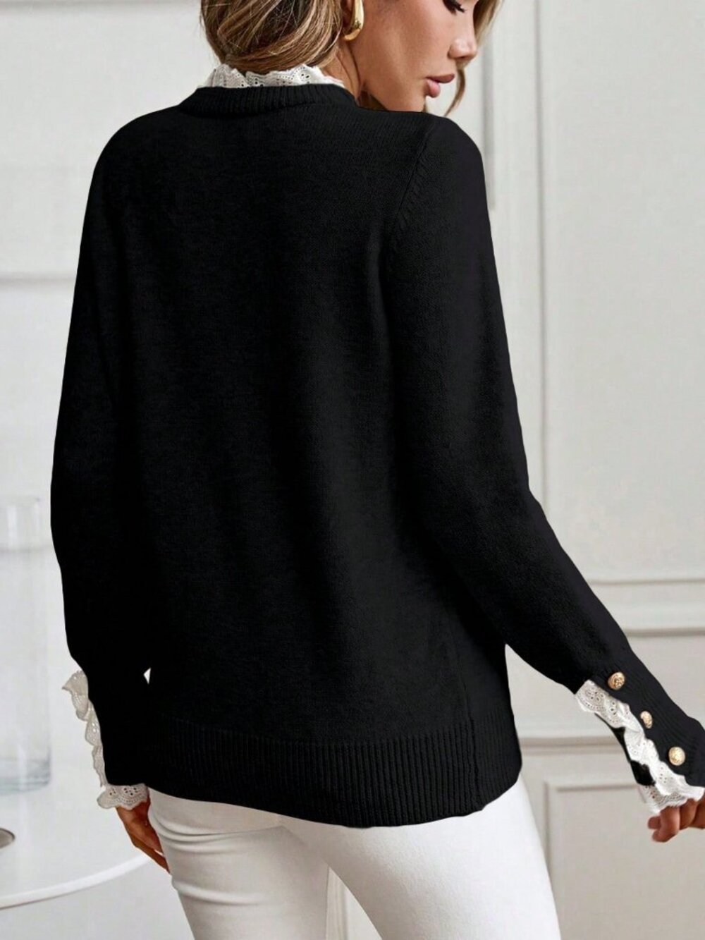 Black Women's Casual Lace Trim Round Neck Long Sleeve Sweater - Picture 2 of 6
